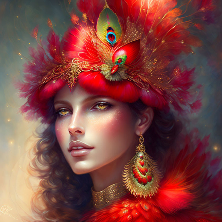 Luxurious woman in red and gold feather headdress and peacock feather earrings