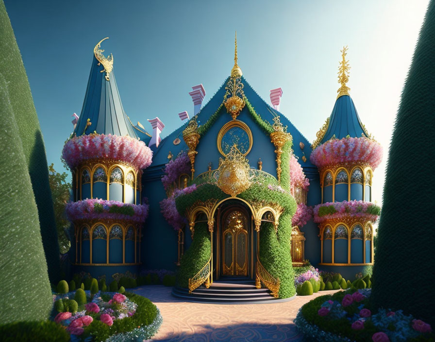 Ornate building with blue and gold domes in lush garden