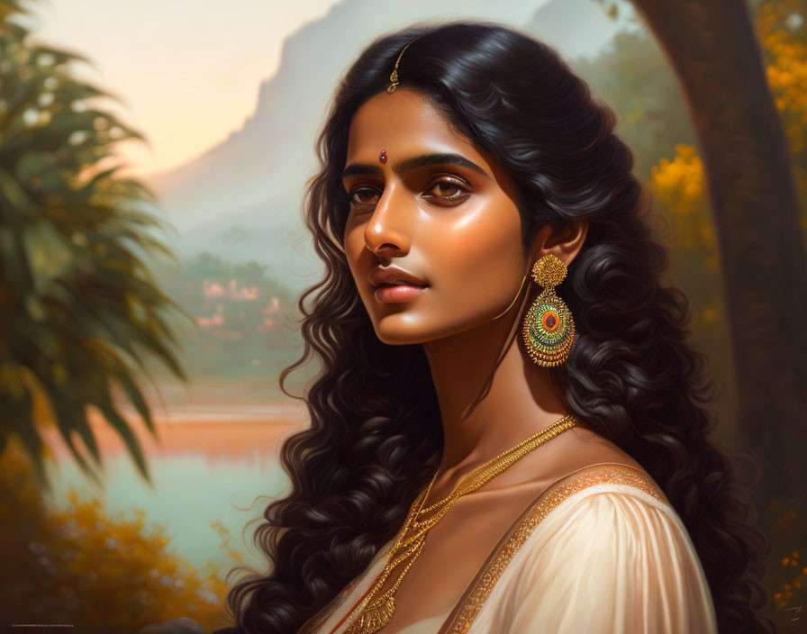 Illustration: Woman with long dark hair in traditional Indian attire against autumnal landscape