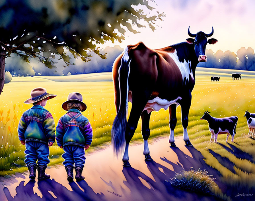 Children in colorful jackets observing cattle in lush field at sunset