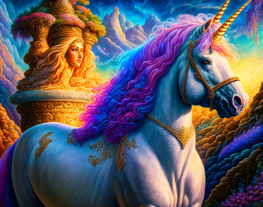 Majestic unicorn with golden horn in vibrant fantasy landscape