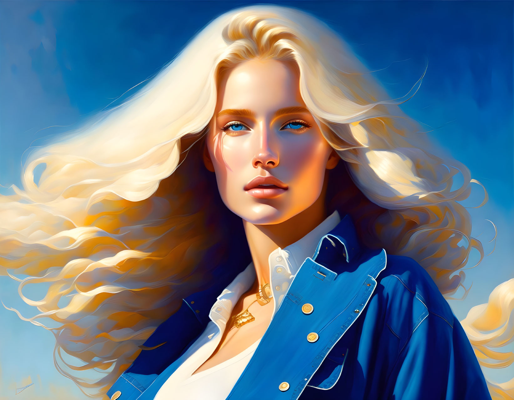 Blonde woman in denim jacket under blue sky