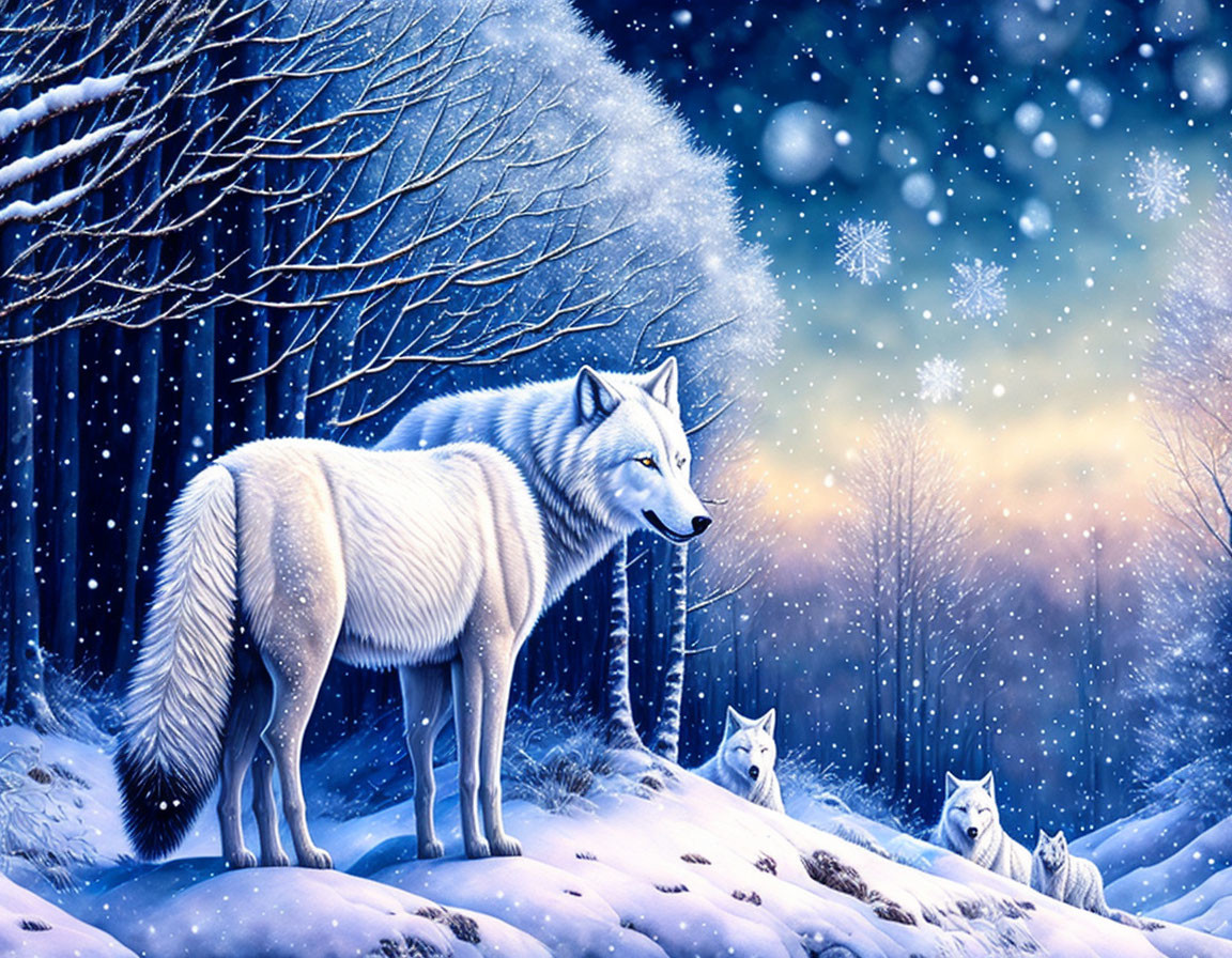 White Wolf in Snowy Forest Night Sky with Three Wolves