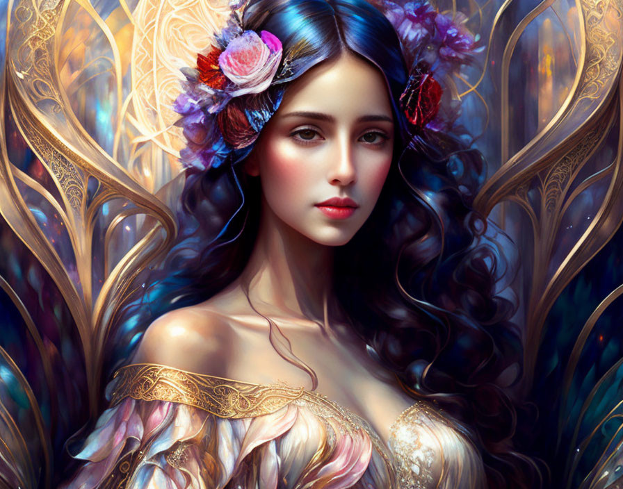 Ethereal woman with floral crown and golden patterns.