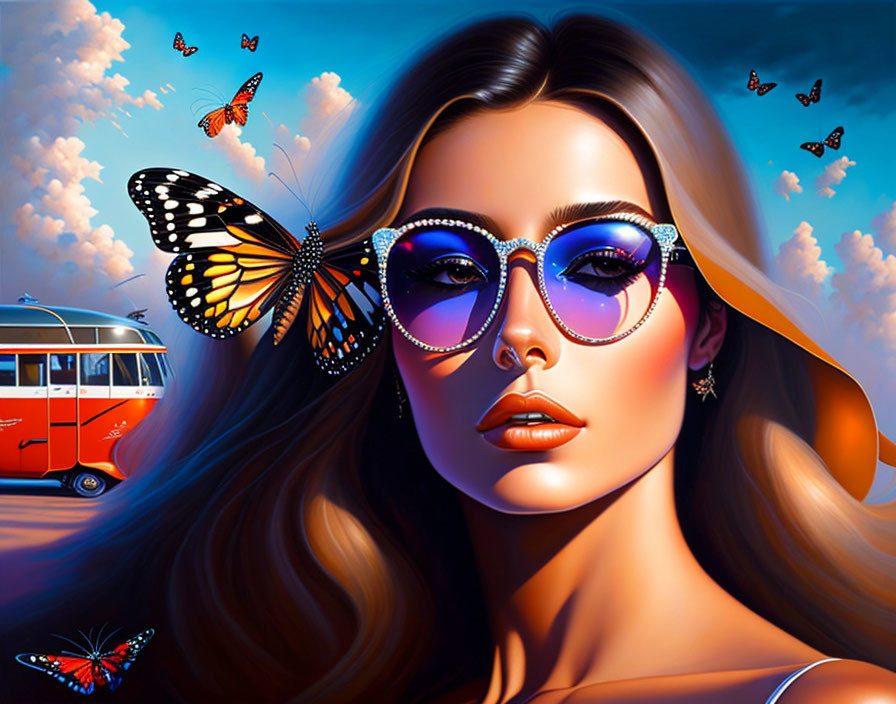 Woman with Sunglasses Reflecting Sunset, Butterflies, Vintage Van, Vibrant Colors