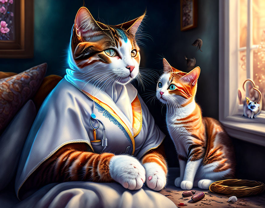 Digital Illustration: Two Cats in Domestic Scene - One as Doctor with Stethoscope, Other Att