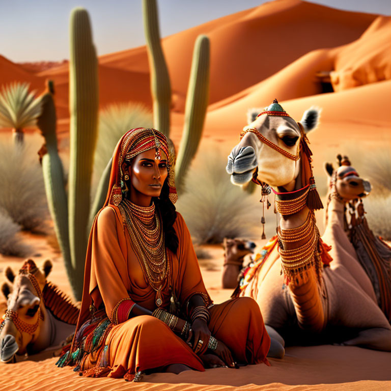 Traditional attire person sitting with camels in desert landscape.