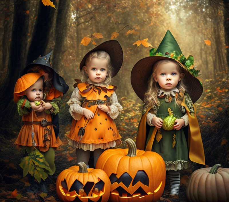 Three children in witch costumes among pumpkins and autumn leaves in enchanted forest