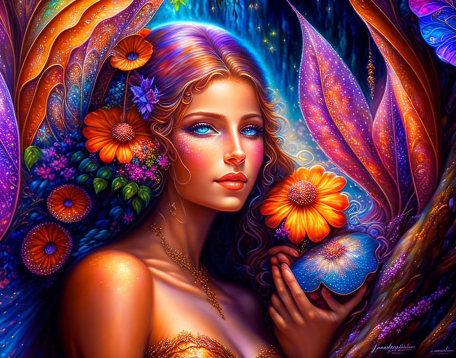 Vibrant illustration of woman with blue eyes and flowers, holding luminous flower surrounded by butterfly wings