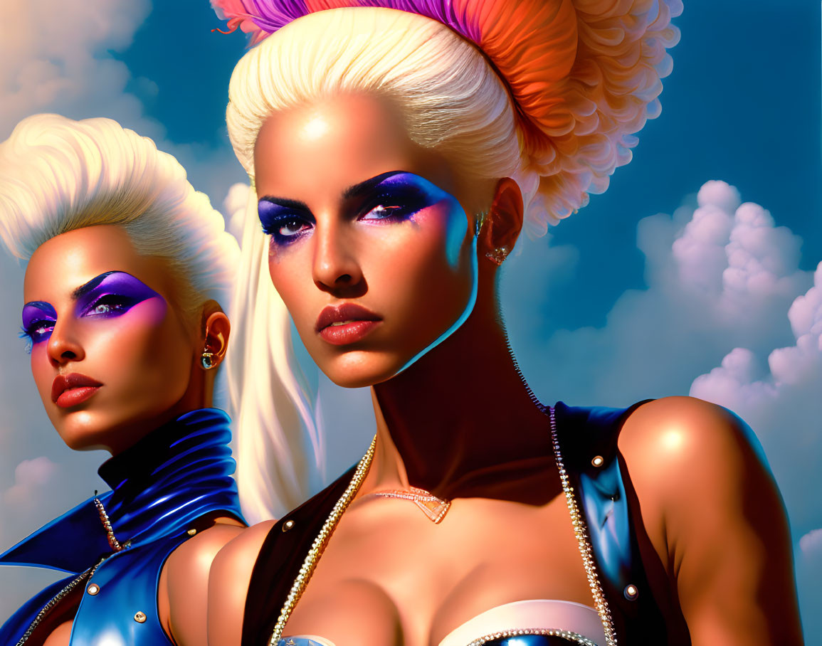 Stylized Women with Blue Makeup in Futuristic Attire against Cloudy Sky