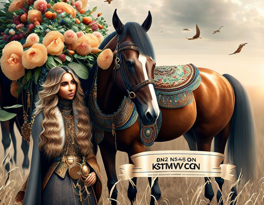 Woman with long hair standing beside a horse in a fantasy field scene.