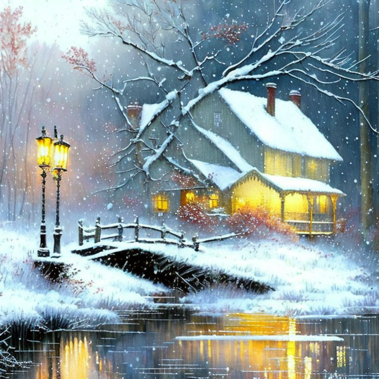 Snowy winter landscape with cozy house, street lamps, forest, and tranquil lake