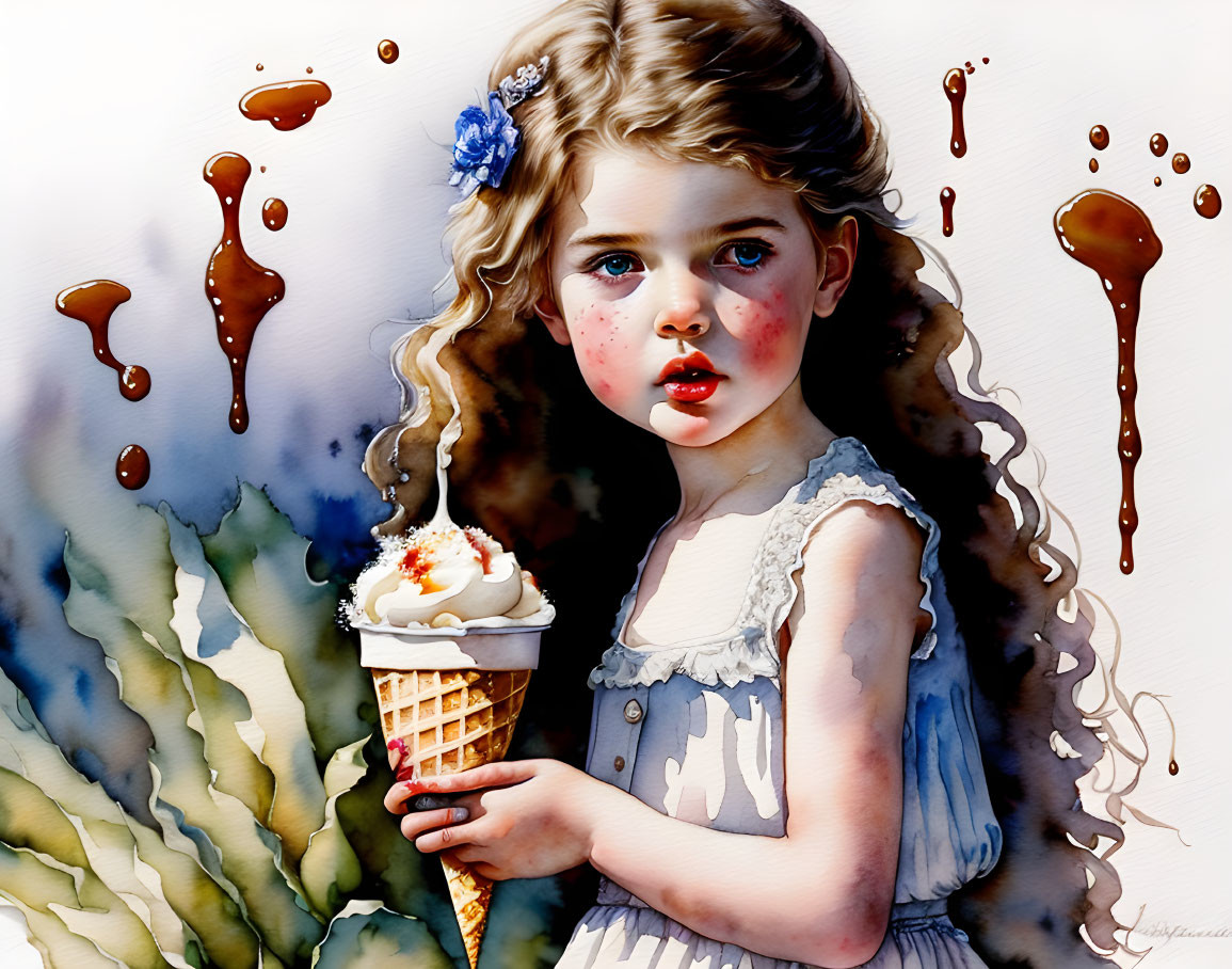 Curly-haired girl with blue flower clip holding melting ice cream cone