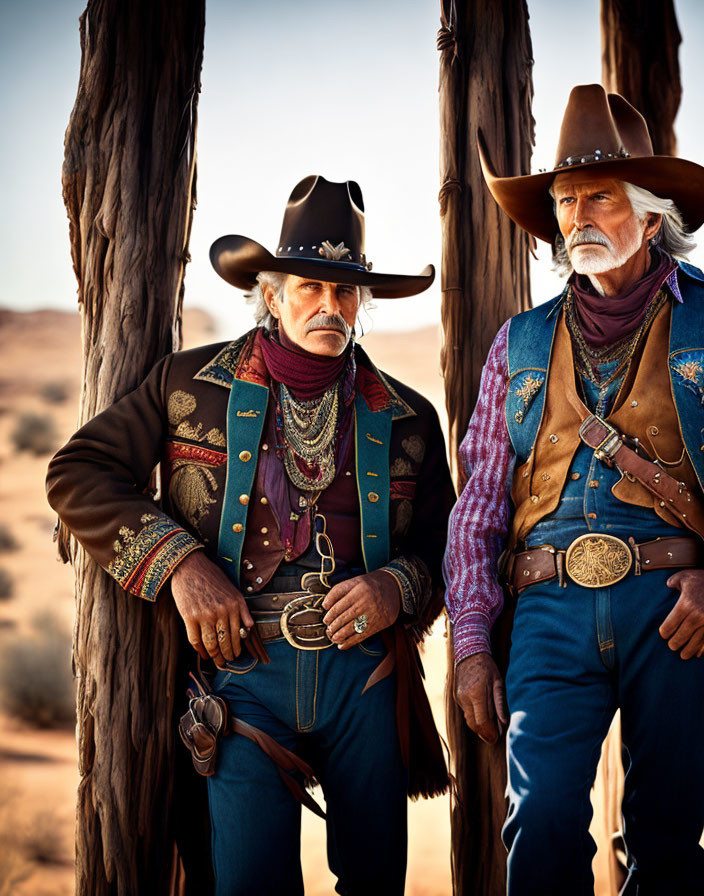 Cowboy-clad men in western attire between trees.