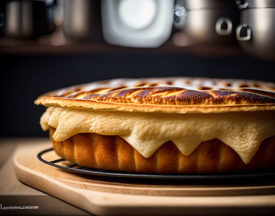 Golden-brown pie with melted cheese on wire rack in kitchen