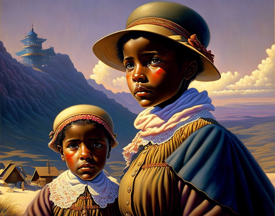 Stylized vintage children with pagoda and mountains at sunset