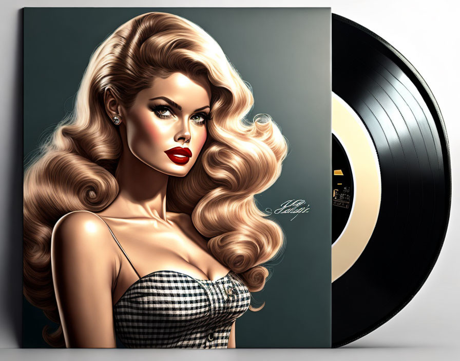 Blonde woman with red lipstick next to vinyl record retro illustration