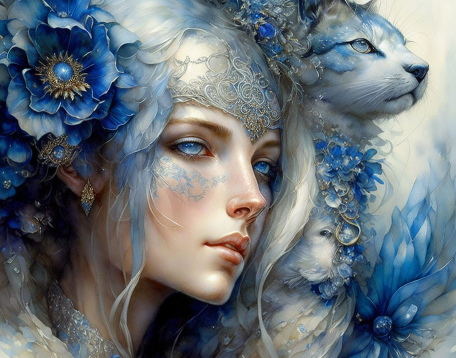 Fantasy illustration of woman with blue floral headpieces and white feline.