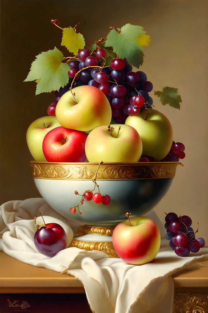 Classic Still Life Painting: Fruit Bowl with Apples, Grapes, and Cherries