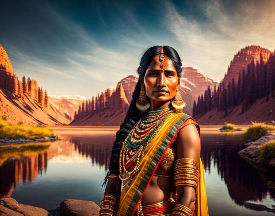 Traditional Indian Attire Woman by Serene River and Mountains at Sunset