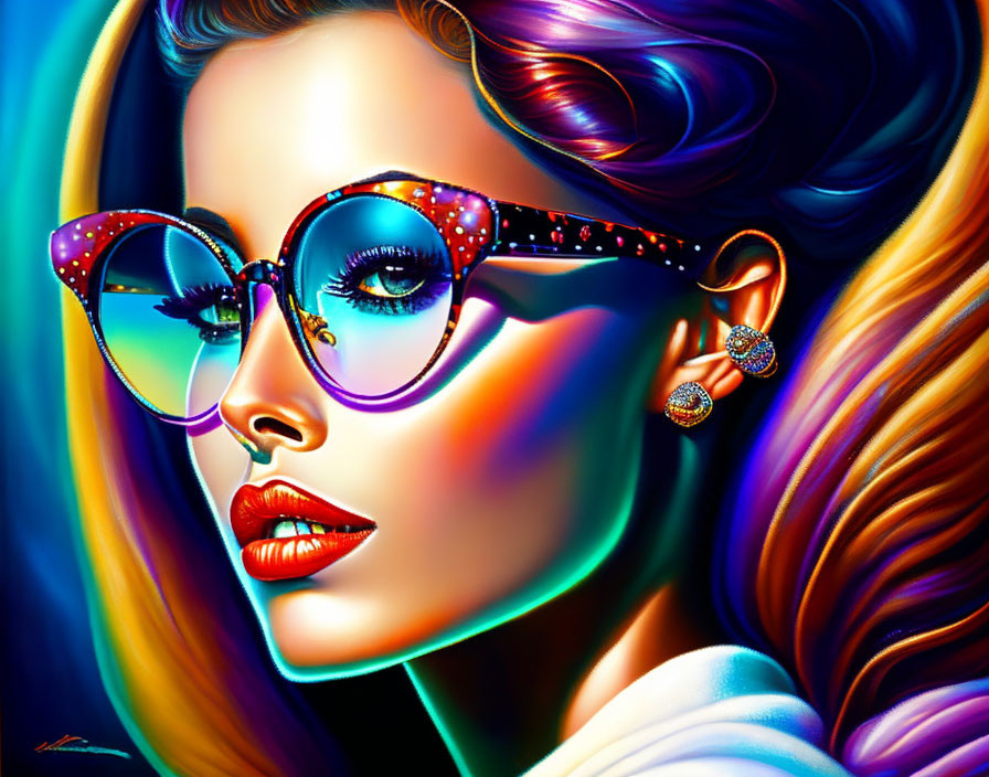 Colorful glasses, luminous skin, and stylish earrings on a woman in a vibrant portrait against a