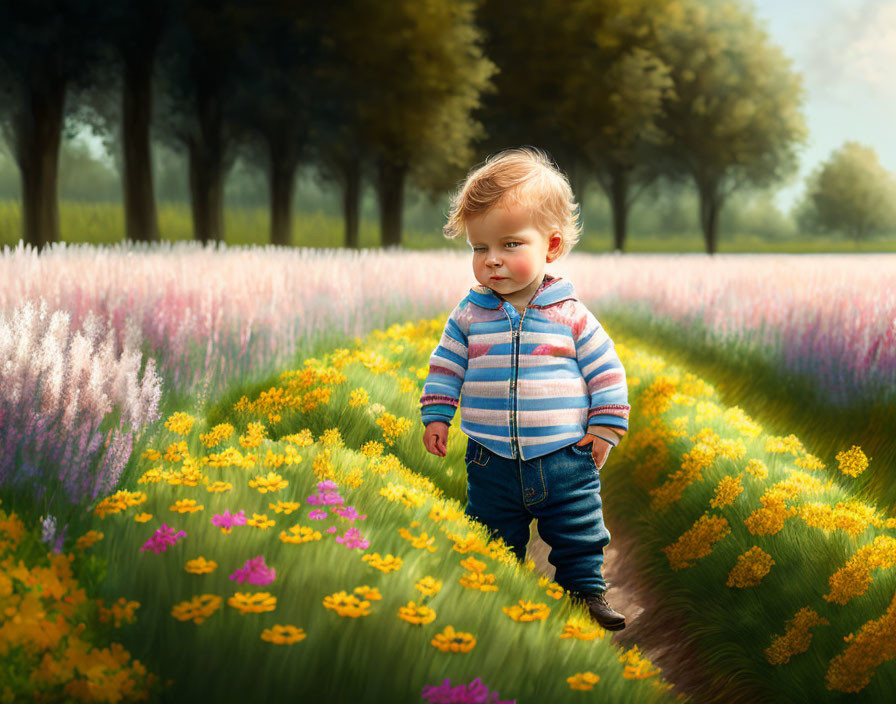 Blonde toddler in striped jacket walks in vibrant flower field