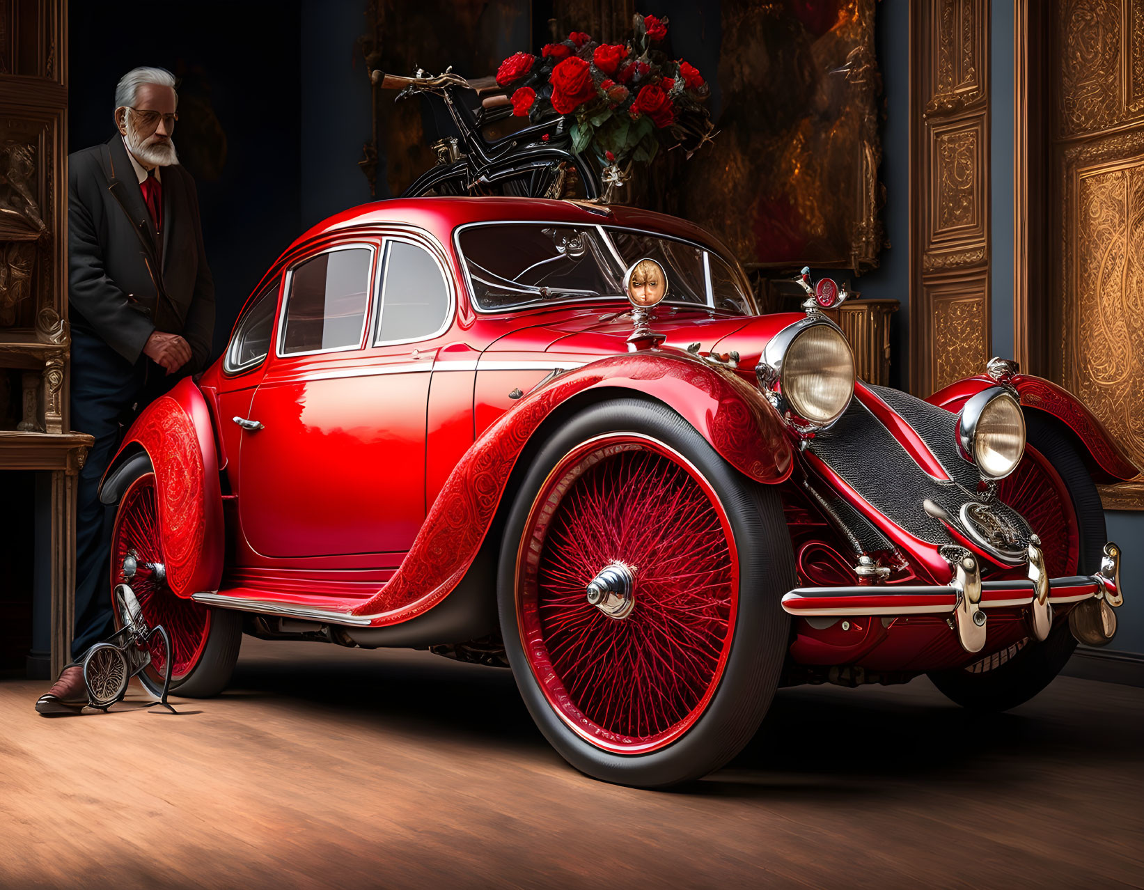 Vintage Red Car with Ornate Details and Older Man Beside It in Classic Gallery