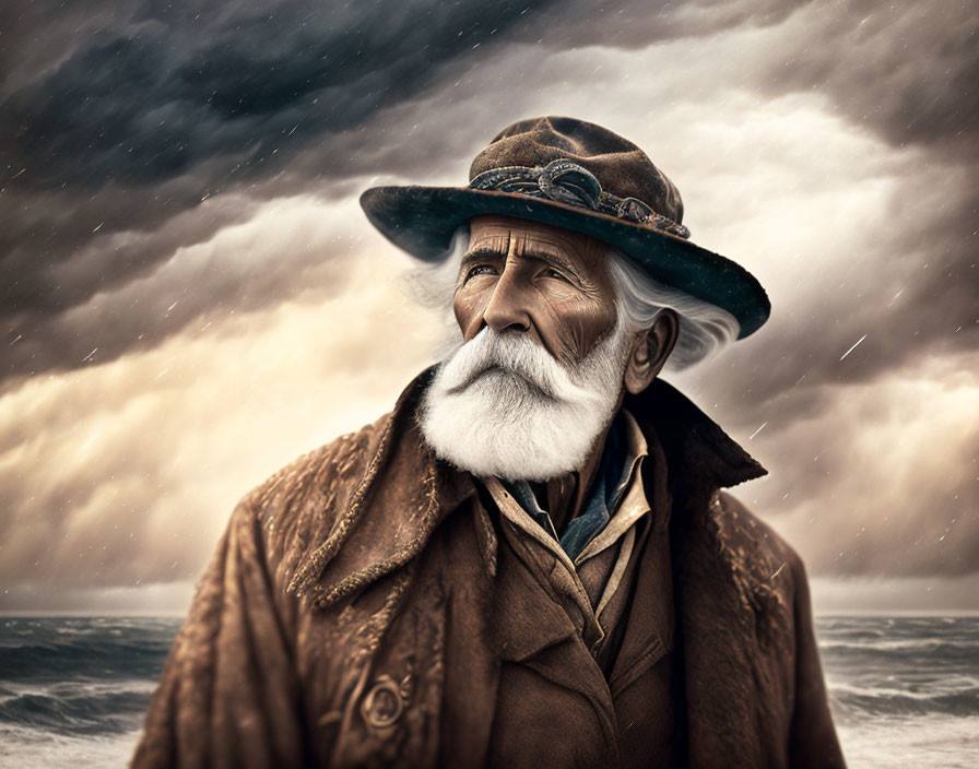 Elderly man in brown jacket and hat gazes at stormy sea