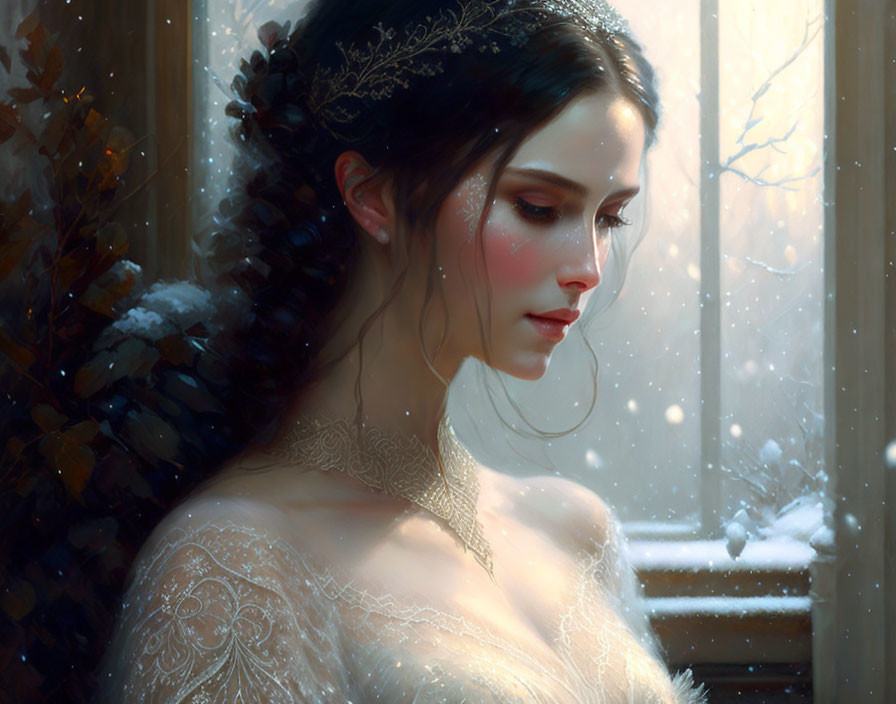 Delicate crown adorns elegant woman in lace dress, gazing pensively by window.