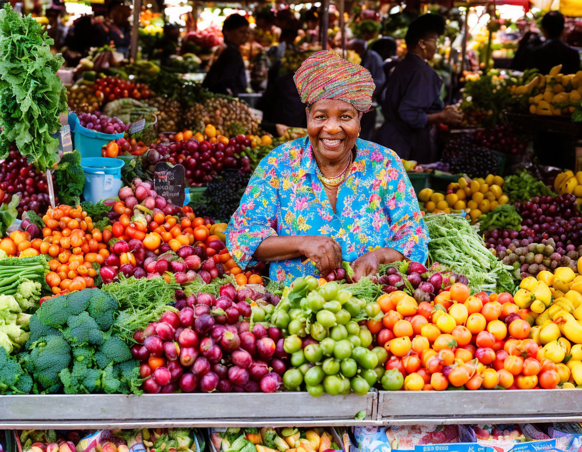 Colorful Outfit Woman at Vibrant Market Stall