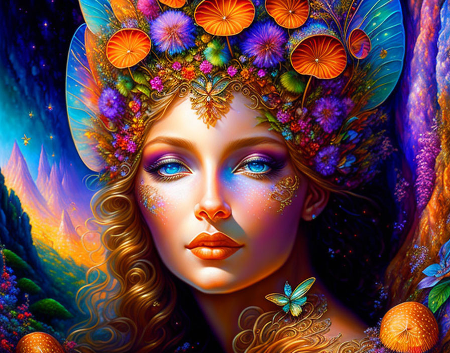 Colorful digital portrait of a woman with floral headdress in mystical forest.