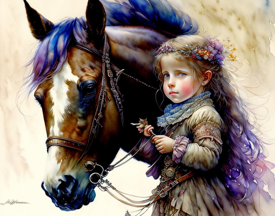 Vintage-clad girl with floral crown beside majestic horse in serene gaze