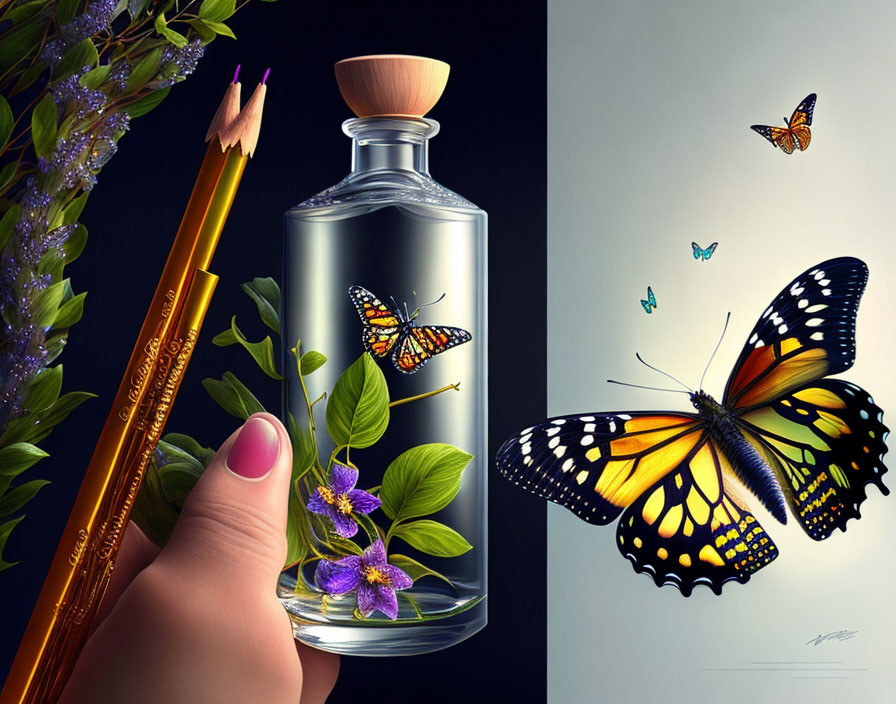 Hand holding pencil near glass bottle with plant and butterflies, one butterfly outside.