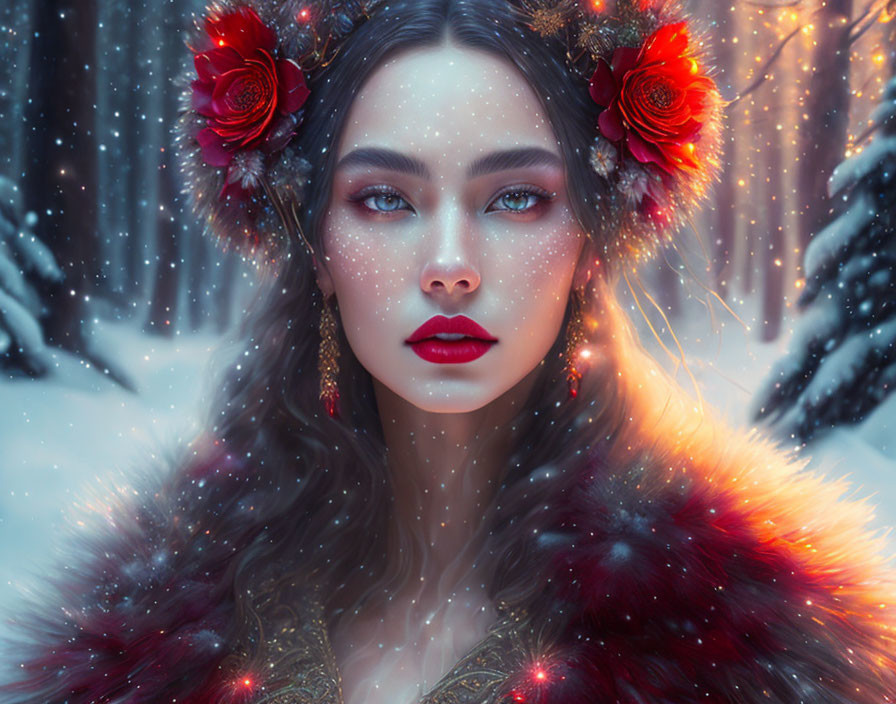 Woman with red floral hair and fur cloak in snowy forest.