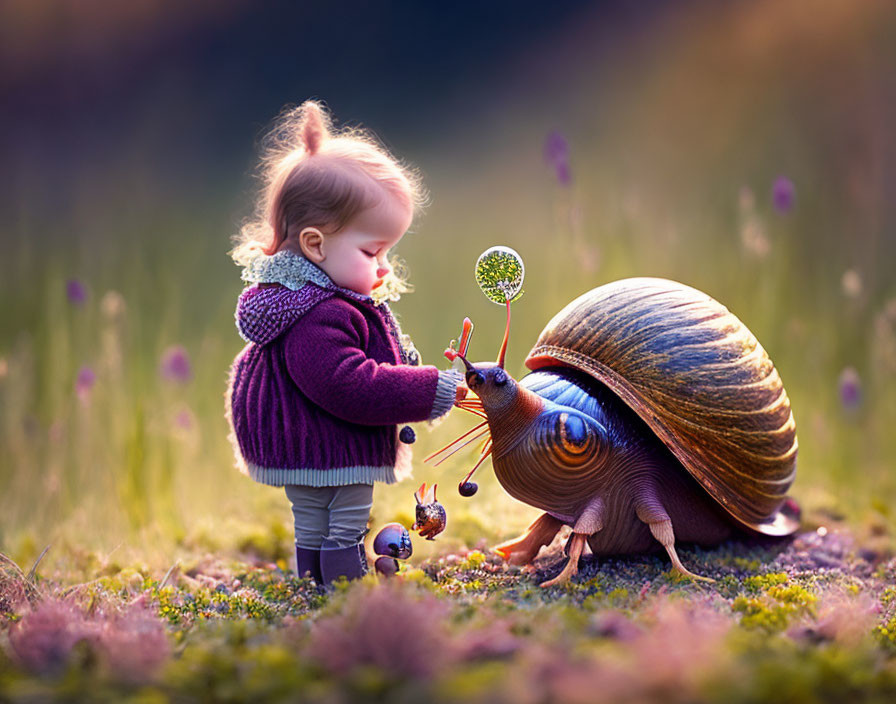 Child playing with cartoonish snail in lush outdoor setting