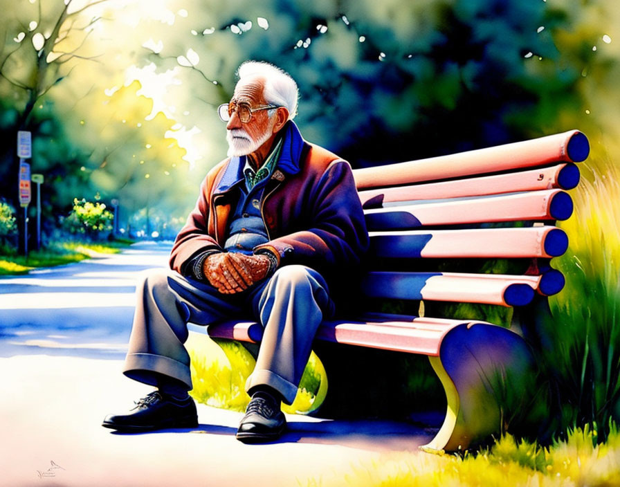 Elderly man with beard and glasses on park bench with greenery and sunlight.