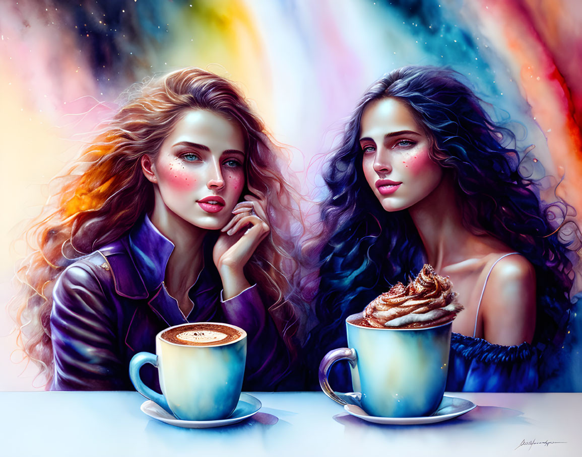 Vibrant Hair and Makeup Women with Artistic Cappuccinos