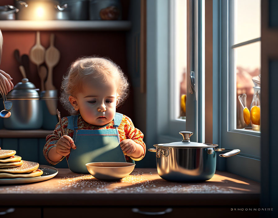 Toddler in bib scooping in warm kitchen with sunlight and rice.