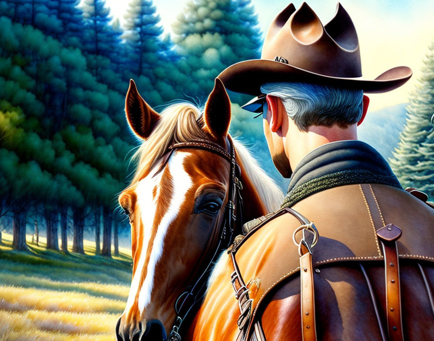 Digital painting: Older cowboy on chestnut horse in forest