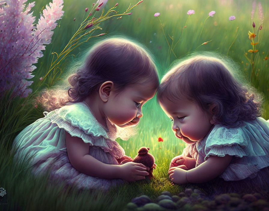 Two toddlers in green dresses sitting in a flower-filled field with a toy bear