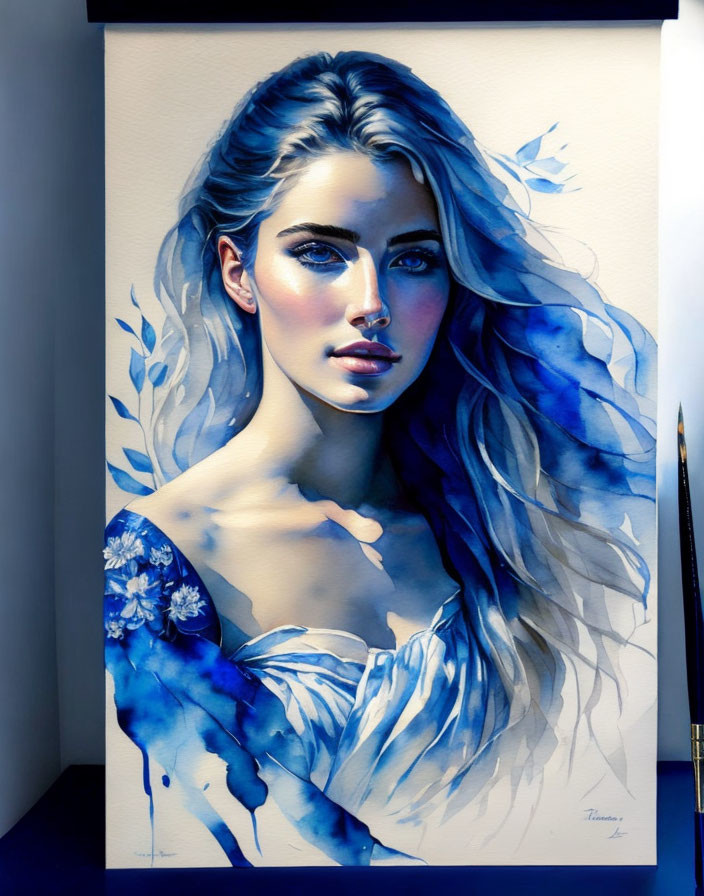 Colorful watercolor portrait of a woman with flowing hair and blue accents