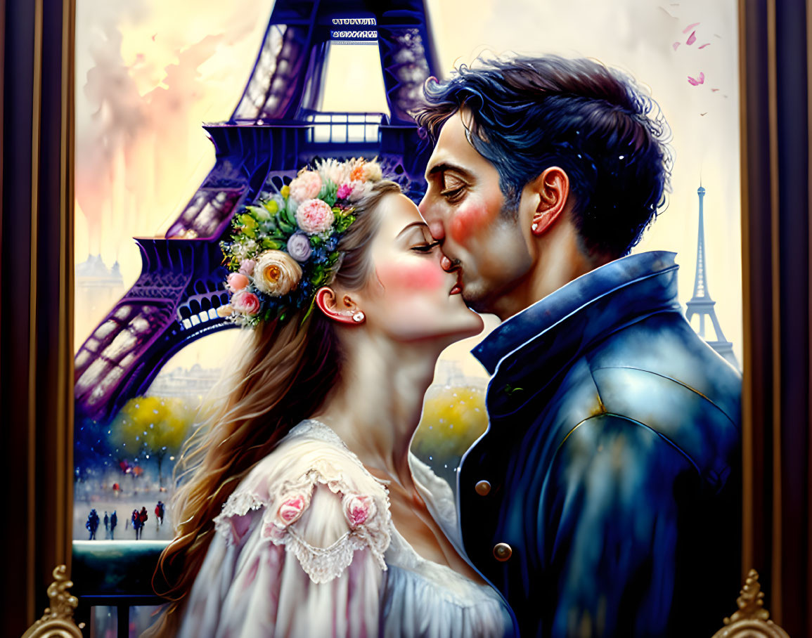 Romantic couple kissing at Eiffel Tower in detailed floral painting