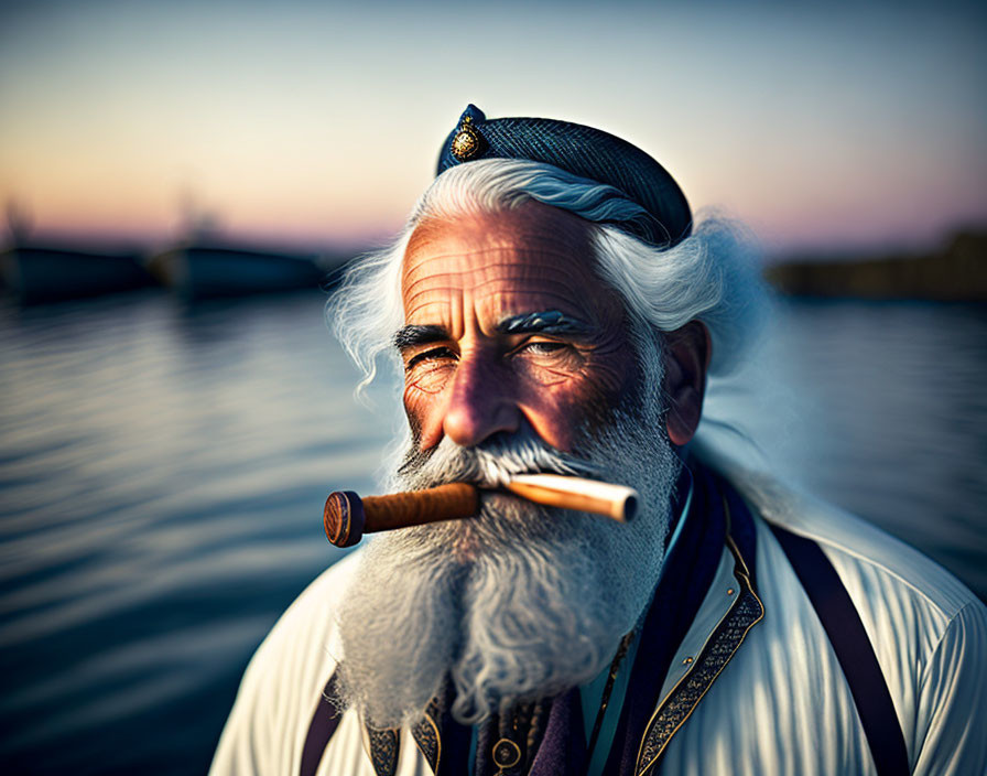 Elderly man with white beard smoking cigar by water at twilight