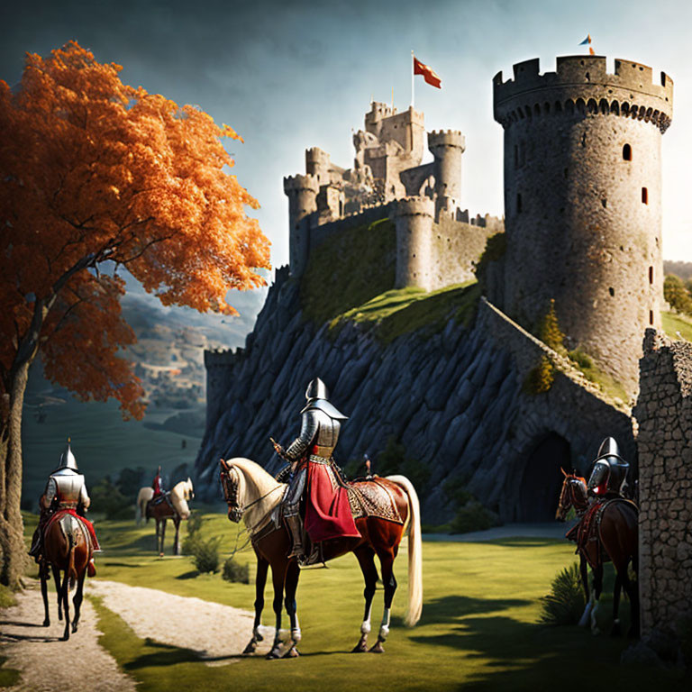 Medieval castle with knights on horseback