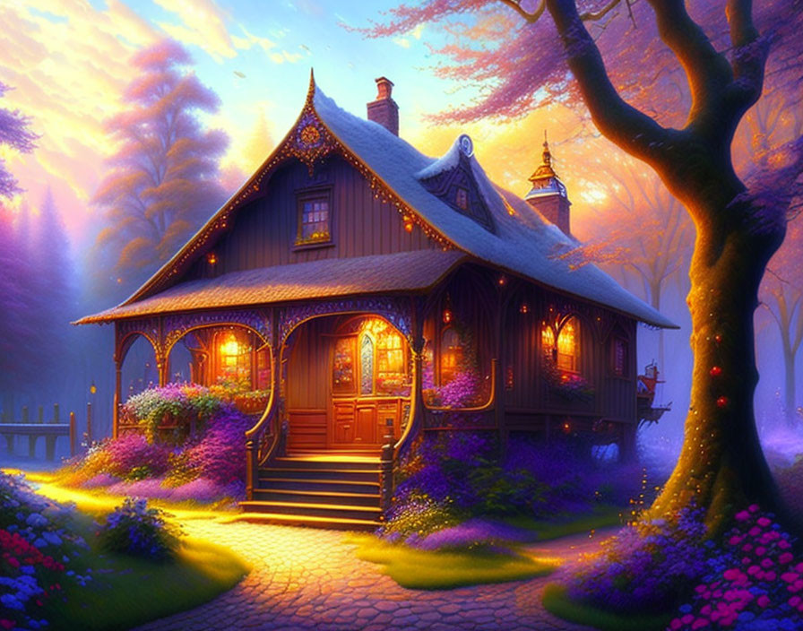 Cozy cottage in forest with purple flowers under twilight sky