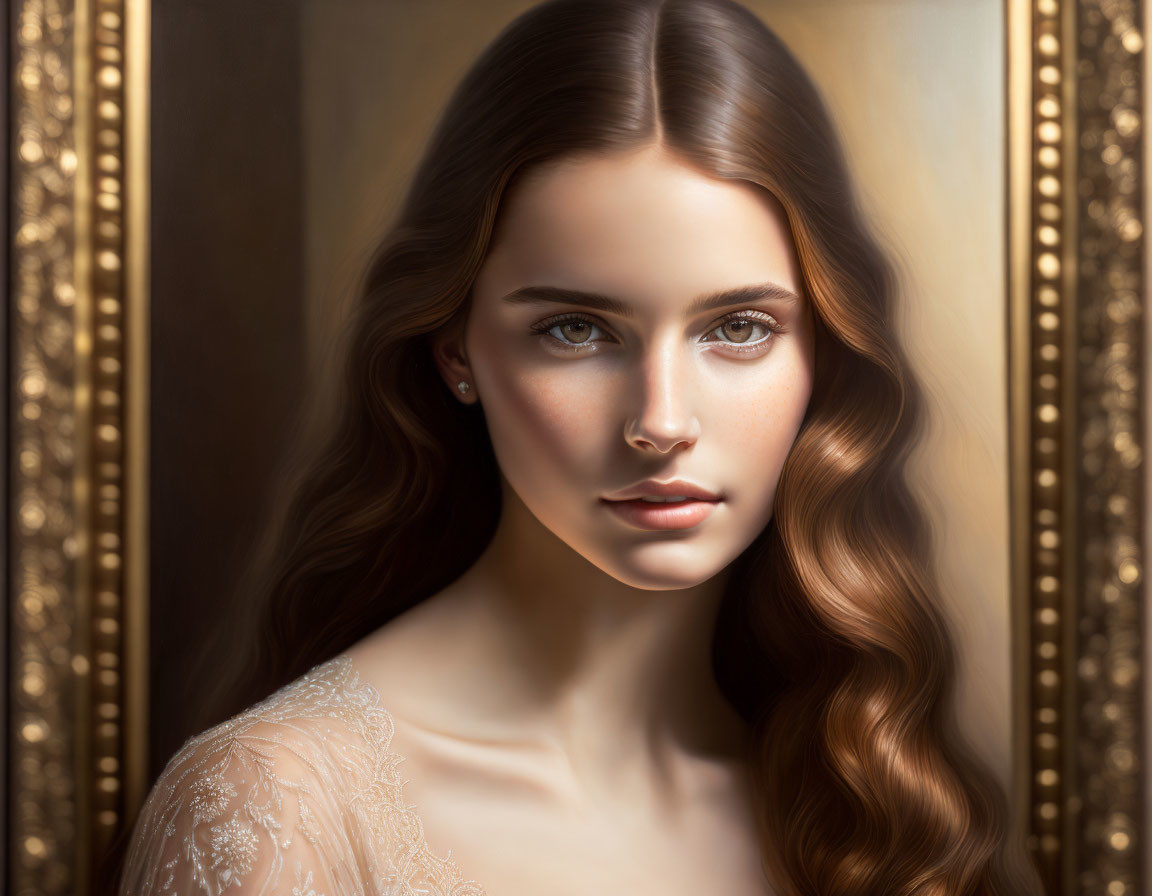 Woman with long wavy hair and captivating eyes by ornate golden frame