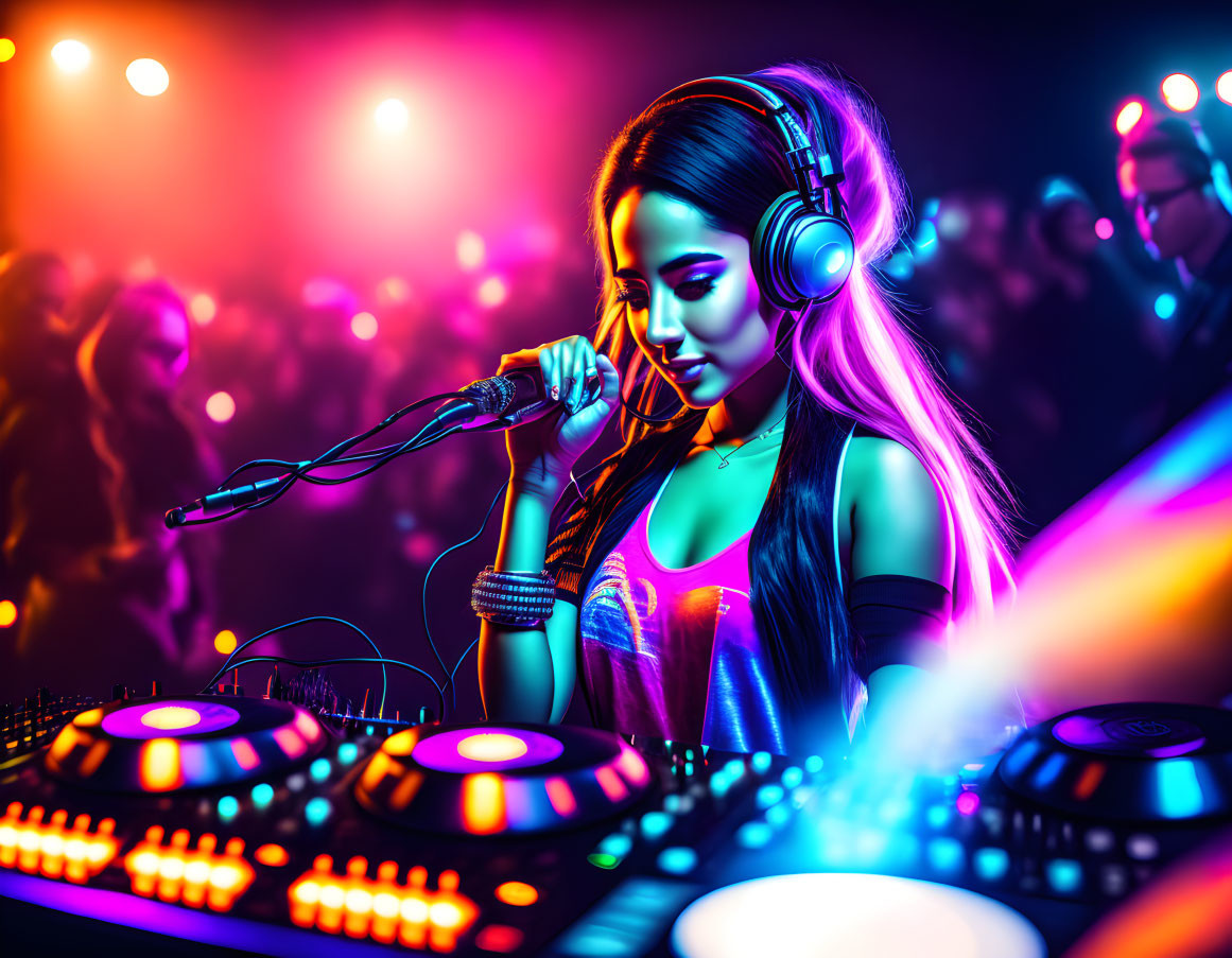 DJ mixing music in club with colorful lights and dancing crowd.