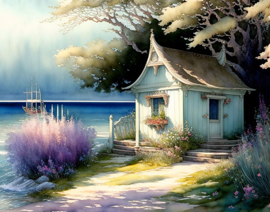 Seaside cottage with lavender bushes and sailboat view