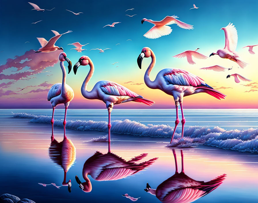 Flamingos at Sunset: Serene Scene with Reflections and Flying Birds