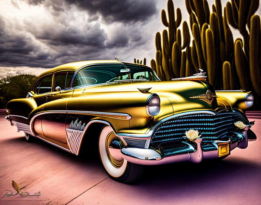 Classic Golden Car with Chrome Detailing Parked Among Tall Cacti